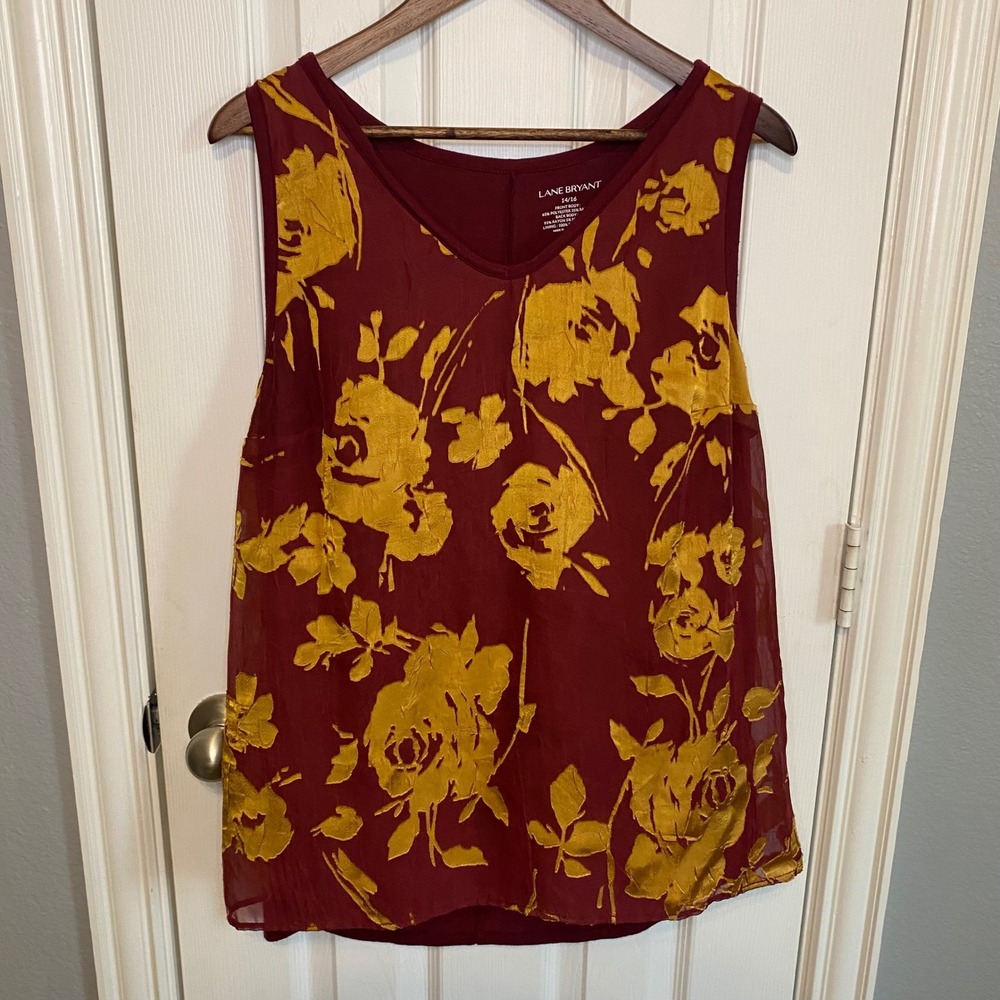 Lane Bryant Tank Top Plus Size 14 16 Red Floral‎ Sheer Overlay V Neck Sleeveless